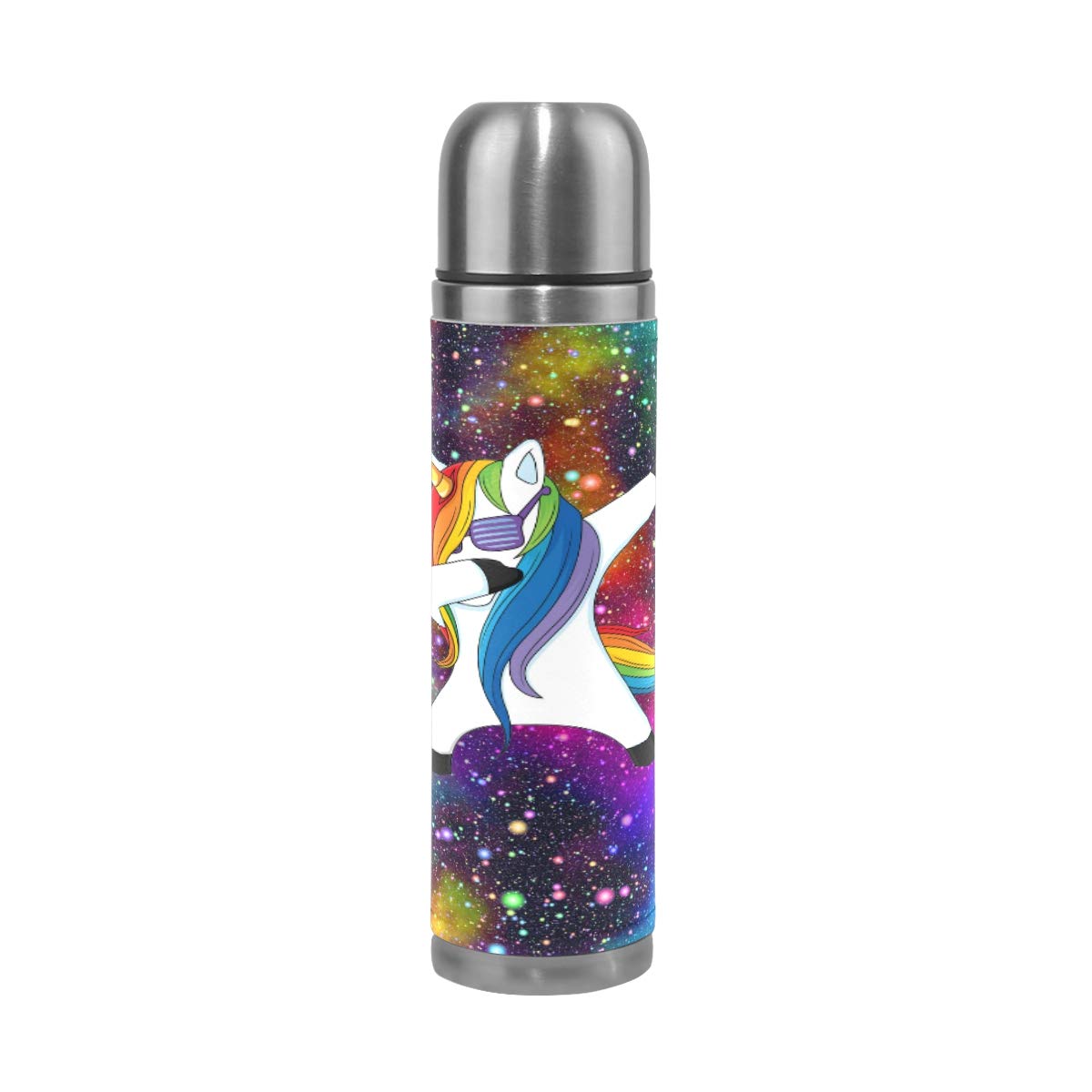 Taza de viaje de acero inoxidable con aislamiento al vacío, doble pared, a prueba de fugas, colorido, diseño de galaxia y unicornio personalizado impreso en piel auténtica, 500 ml