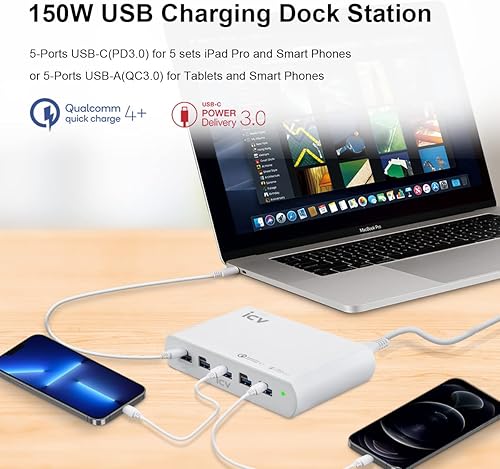 Miniatura 9 de Cargador USB C GAN de 150 W con cable tipo C, 5 puertos USB AC Estación de carga rápida de escritorio para iPhone 15 14 13 12 11 Pro Max Galaxy 22