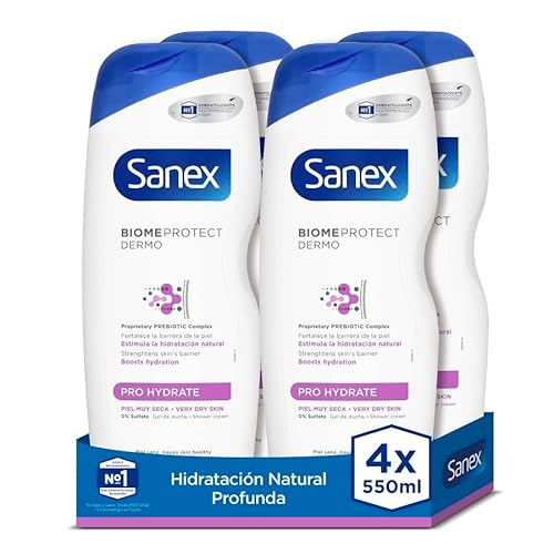 Sanex Biomeprotect Dermo Prohydrate, Gel de Ducha o Baño, Hidratante, Piel Muy Seca, Pack 4 Uds x 550ml Cover