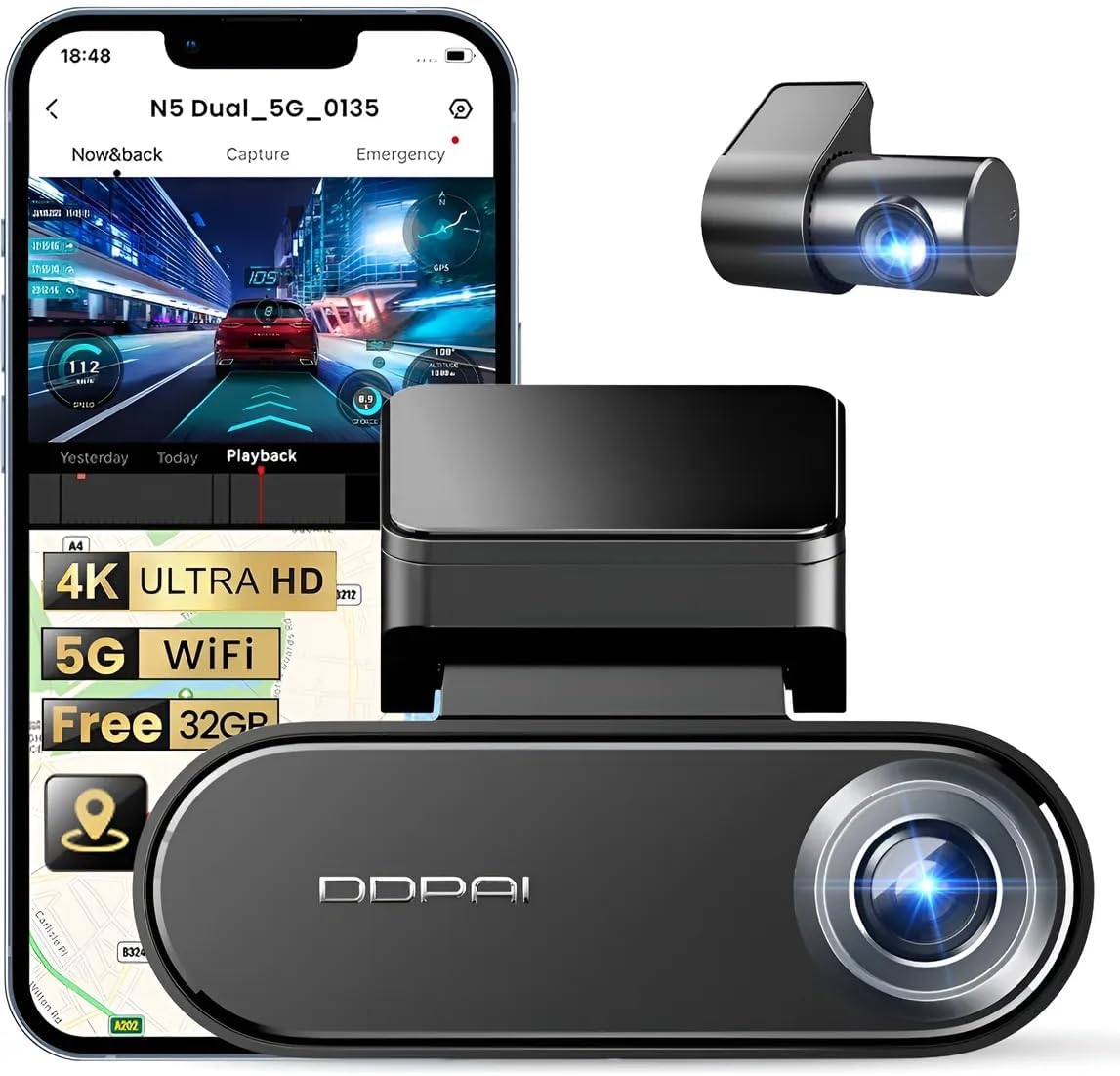 DDPAI N5 Dual 2026 Câmera Veicular, Gravação Frontal e Traseira 4K HDR+1080P, WiFi 5G, GPS, Visão Noturna, Monitoramento Remoto, Armazenamento 32G eMMC Integrado,Modo Estacionamento(Sem Cartão SD)