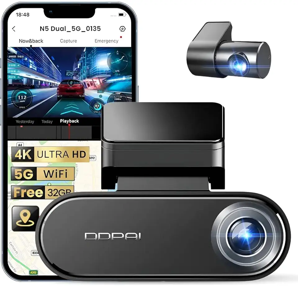 DDPAI N5 Dual Câmera Veicular Frontal e Traseira, 4K +1080P Dash Cam Integrada com 32G eMMC, Câmera de Carro WiFi 5G GPS, G-Sensor, Visão Noturna, Monitor de Estacionamento 24 Horas(Sem Cartão SD)