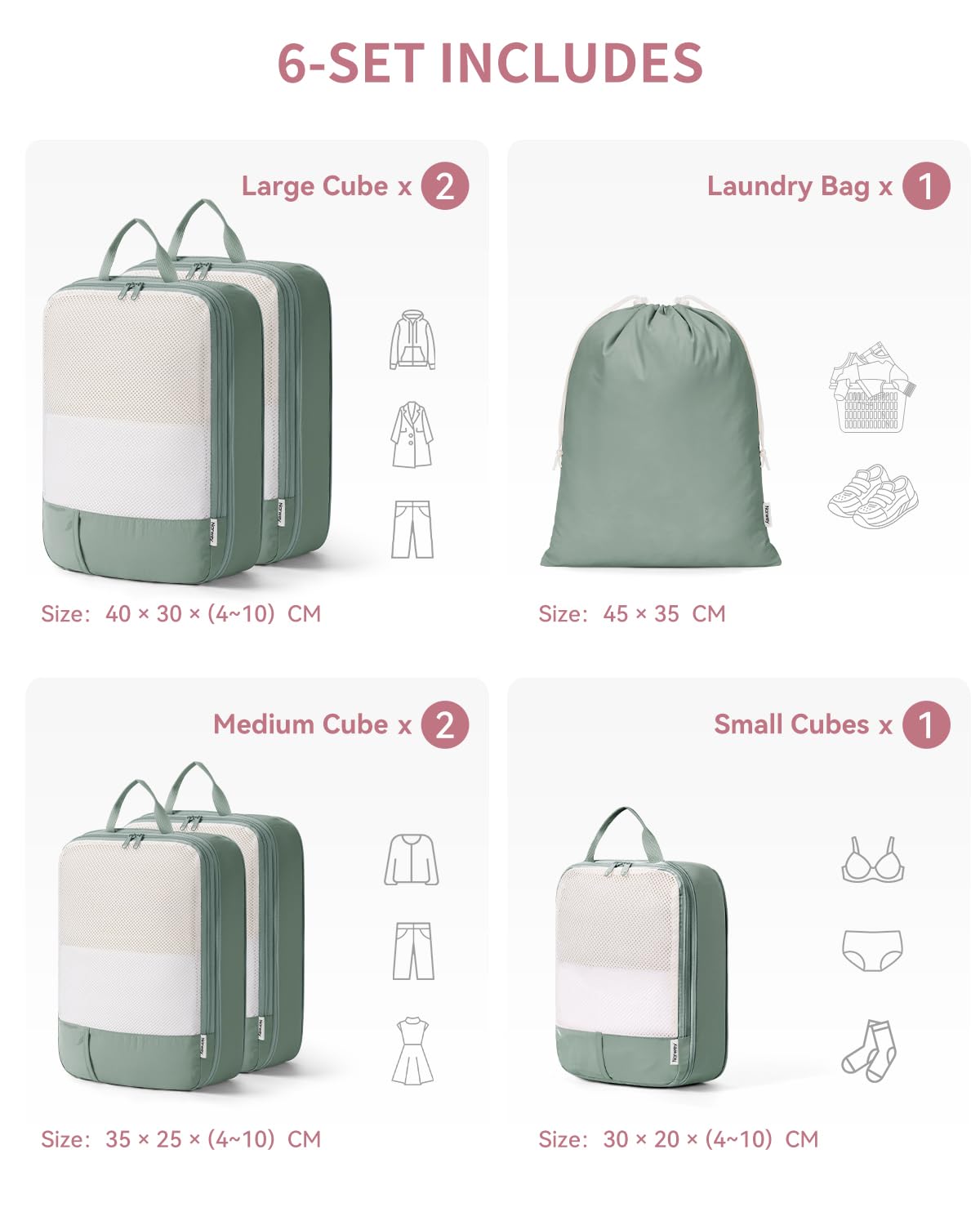Narwey Set di 6 cubi a compressione per valigie, organizer per valigie, borse organizer per zaini, borse da viaggio, cubi per bagaglio a mano, casa, scarpe, borse essenziali da viaggio (verde)