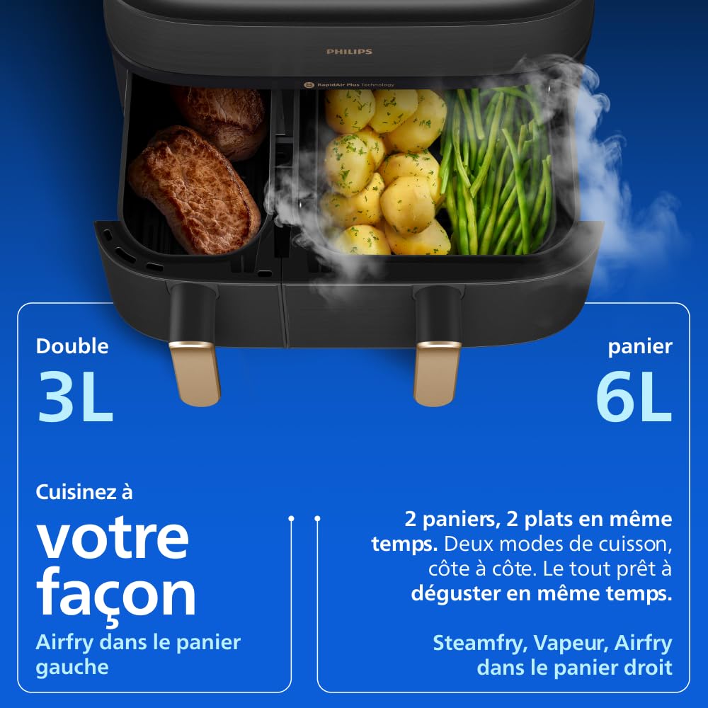 Philips Airfryer Série 5000 - Air Fryer double panier avec cuisson vapeur, 9L, RapidAir, 19 modes de cuisson, jusqu'à 90% de matières grasses en moins, AirSteam, nettoyage vapeur, HomeID (NA552/00)