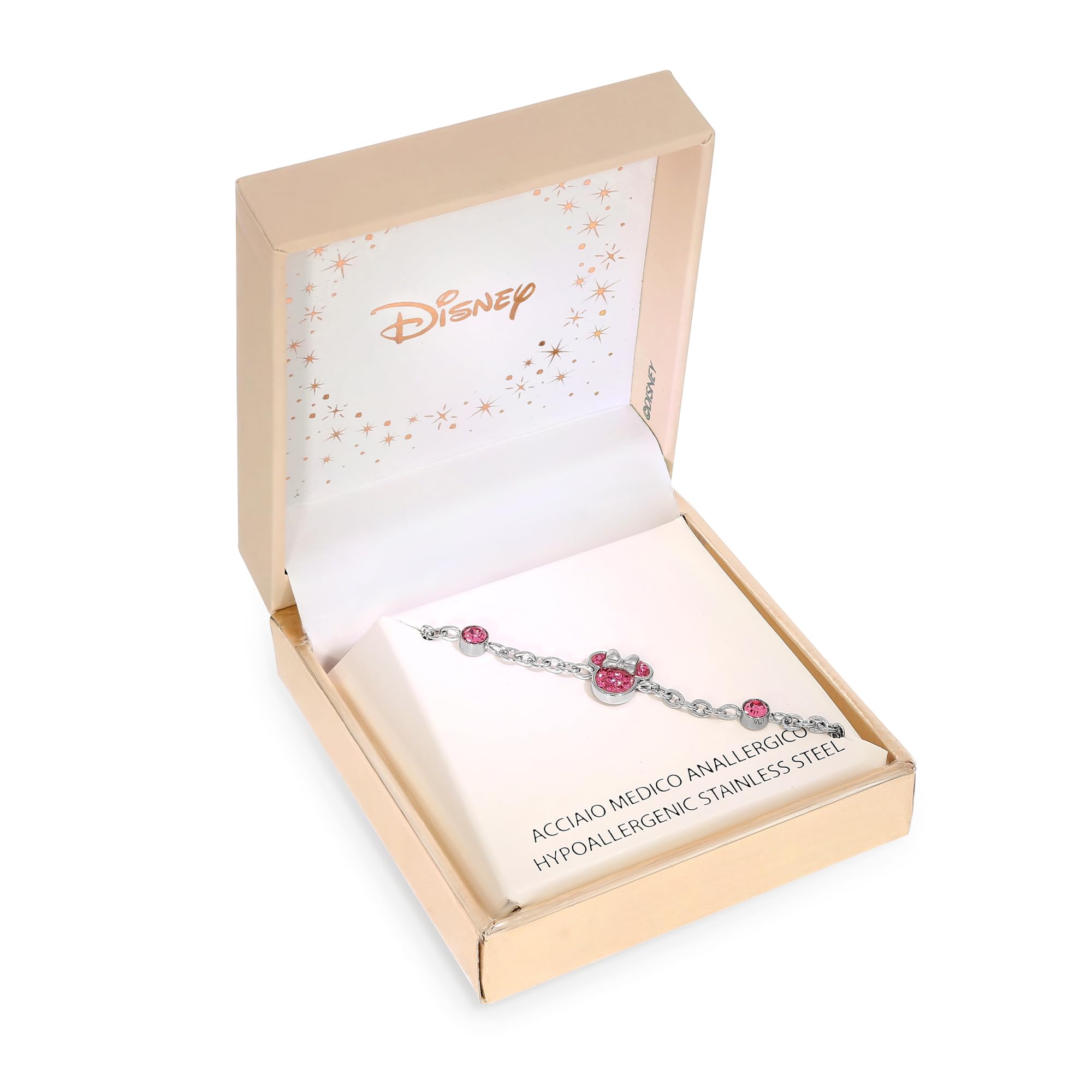 Disney Pulsera Minnie para niñas, de acero inoxidable, con cristales cúbicos de circonita, joyas