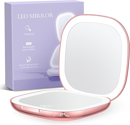 Gospire Espejo de maquillaje de viaje recargable de doble cara con luces y aumento 10X, espejo compacto LED con 3 colores de luz y brillo ajustable,