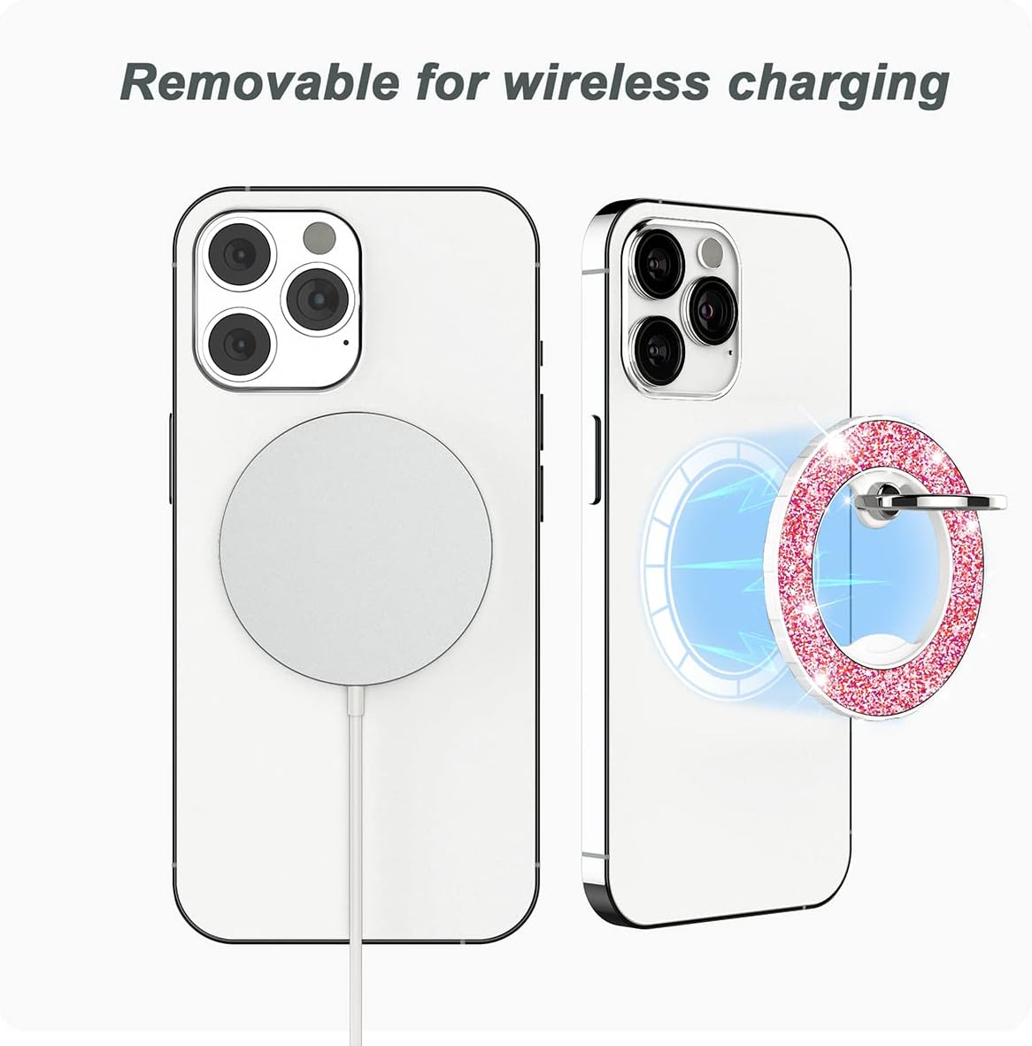 Magnetic Phone Ring Holder for magsafe, Glitter Magnetic Grip Compatible with iPhone 17 16 15 14 13 12 Pro max,Pro,Plus,Mini,Pixel 10 Series Mag Safe Accessories,Adjustable Kickstand,Pink