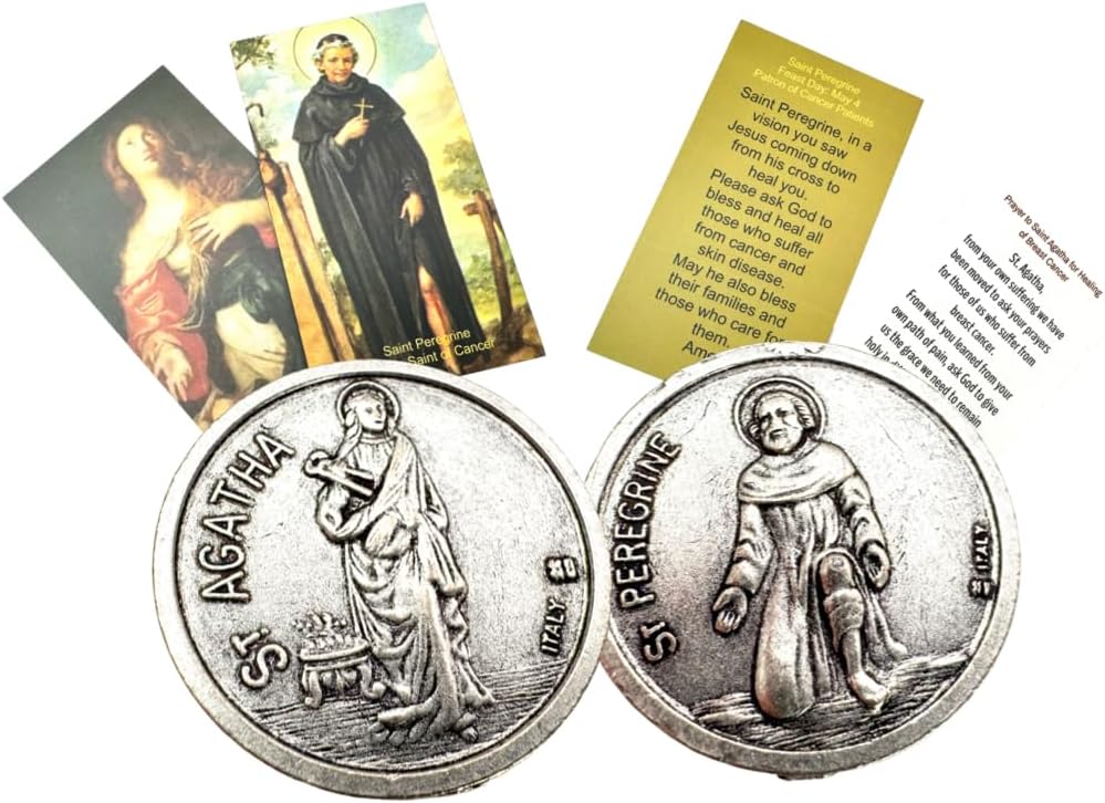 Westmon Works St Peregrine & Saint Agatha Pocket Token Set Double-Sided Italian Metal Coins with Holy Cards Patron of Cancer & Illness Devotional Gift