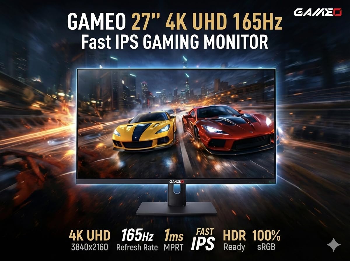 GAMEO 27 Inch Gaming Monitor, 4K UHD 3840×2160 165Hz, Fast IPS Computer Monitor, 1ms MPRT, HDR ready, 100% sRGB, Adaptive Sync, HDMI 2.1 & DP 1.4, Height Adjustable, VESA 100x100, G Series 27UHD165IPS — view 2