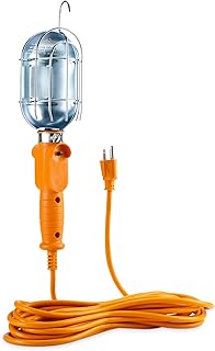 [UL Listed] Cable Matters 25ft 75W Trouble Light with Cord, 16 AWG Old School Drop Light/Incandescent Work Light with Built-in Outlet and Metal Guard in Orange for Indoor and Outdoor Use