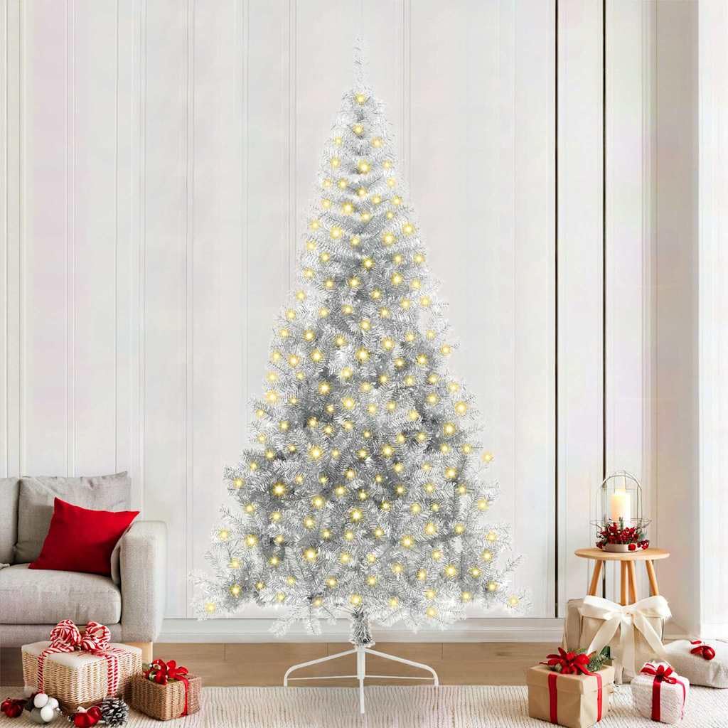 Árbol de Navidad artificial de 240 cm preiluminado color plata con luces LED y montaje fácil