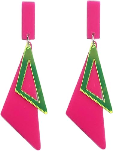 Aretes largos de acrílico retro geométricos con doble triángulo, aretes colgantes creativos exagerados geométricos fluorescentes para mujer, atuendo