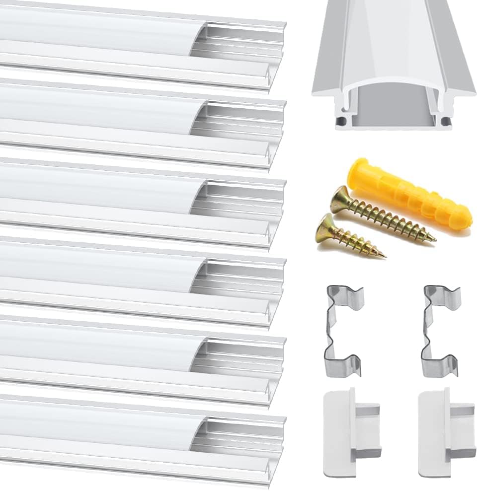 Chesbung Plaster in LED Channel for 12MM LED Strips, 6 Pack 1Meter/3.3ft U Shape Led Aluminum Profile with Cover, LED Stripe Diffusers with End Caps and Mounting Clips