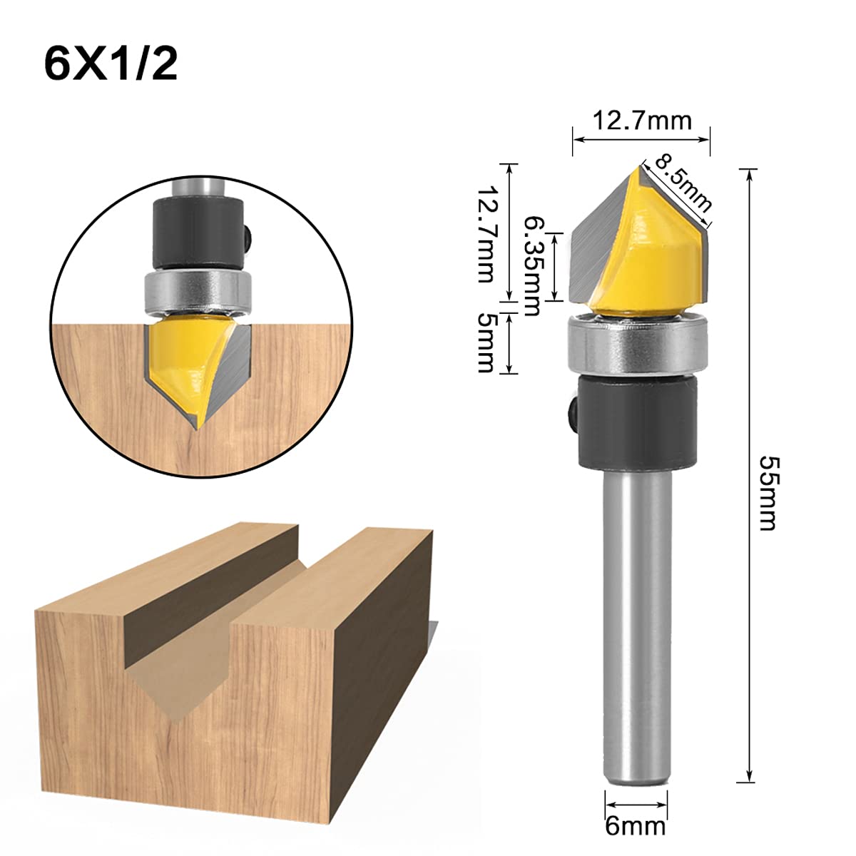6PC 6MM Shank Pattern Bit Flush Trim Bit Bit with Bearing Hinge Mortising Router Bit Wood Trimmer Cutter