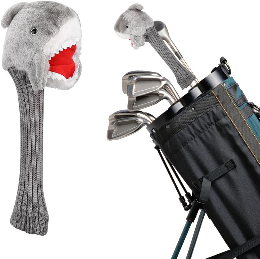 Joyzan Golf Headcovers, Knit Club Head Cover Shark Plush Cloth Portable Putter Driver Protector Funny Animal Handmade Protection Accessories Long Neck Pom Well Fairway Hybrid Woods Set Bag Men Women