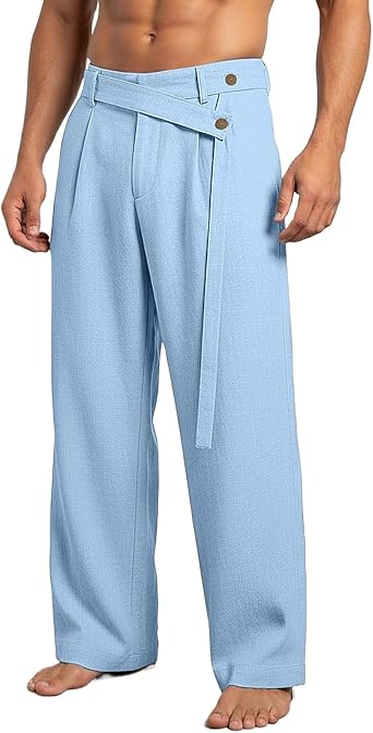 Linen Pants Men Casual Classic Gurkha Naples Italian Style Dress Pants Loose Fit Travel Vacation Lounge Pant with Pocket