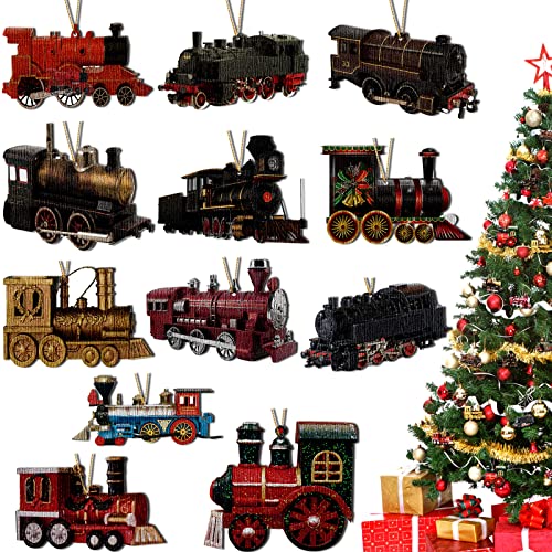 Amyhill 36 Pcs Train Christmas Ornaments for Christmas Tree Wooden Vintage Hanging Ornaments Bulk Traditional Train Decorations for Xmas Holiday Party Decor 12 Styles