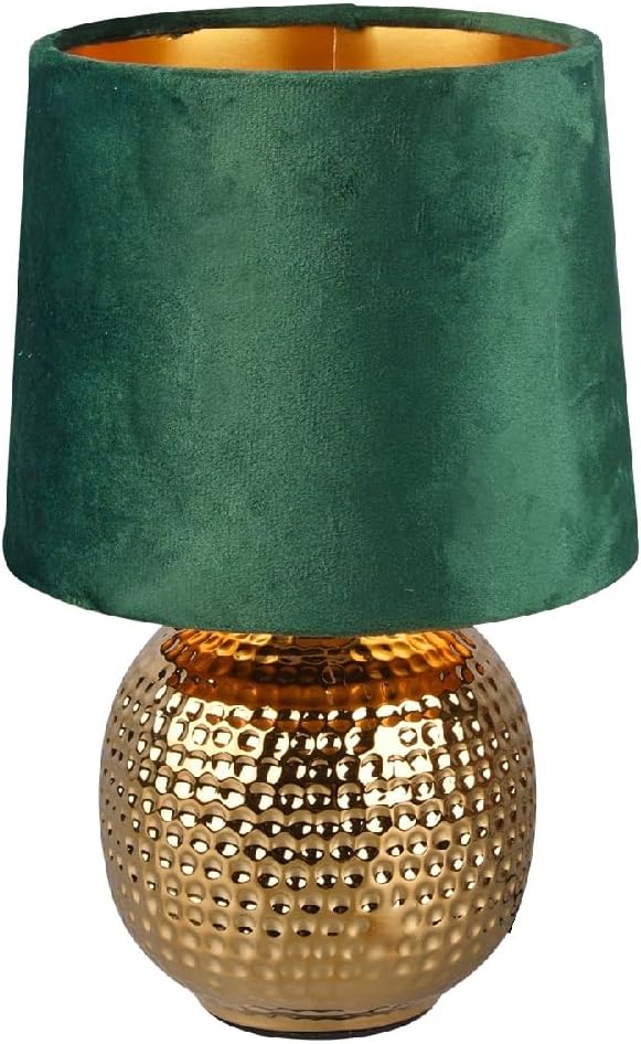 Britalia Gold Ceramic Vintage Hammered Globe Table Desk Lamp with Green Velvet Shade | 26cm Height | 1 x SES E14 Lamp Bulb Required | UK Approved | Retro Design | Tapered Drum Lampshade