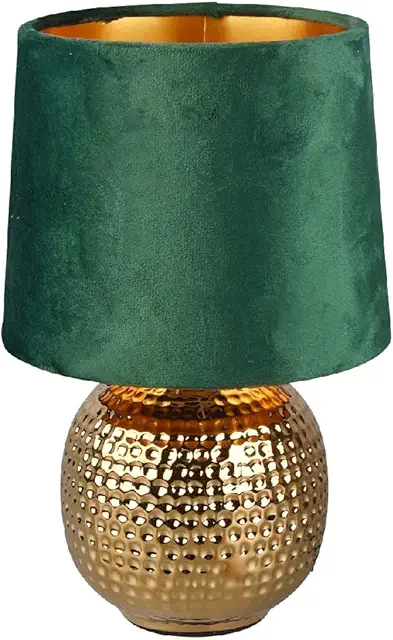 Green Lamp: Gold Ceramic Vintage Hammered Globe Desk Lamp with Velvet Shade