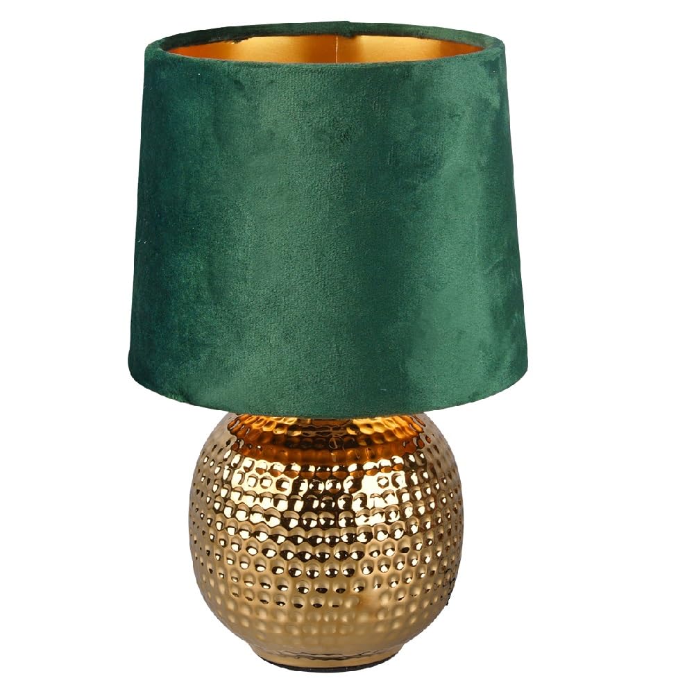 Britalia Gold Ceramic Vintage Hammered Globe Table Desk Lamp with Green Velvet Shade | 26cm Height | 1 x SES E14 Lamp Bulb Required | UK Approved | Retro Design | Tapered Drum Lampshade