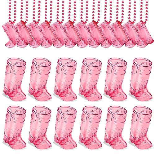 24 Pack Shot Glass Necklaces, 1 Oz Cowboy Boot Shot Glasses (Rose Red)
