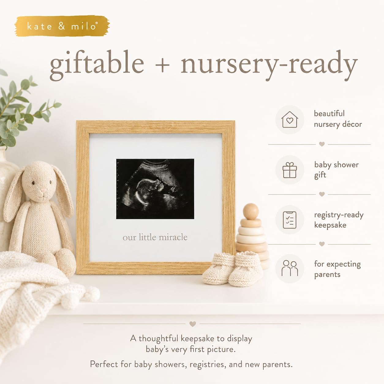 Kate & Milo Our Little Miracle Sonogram Picture Frame, Natural | 5x4" Insert, Wooden Ultrasound Baby Keepsake, Gender-Neutral Nursery Decor, Expecting Parent Gift, Pregnancy Announcement