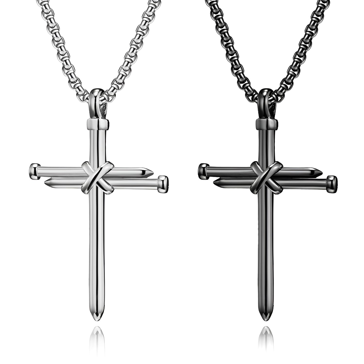 Lot De 2 Colliers Croix Vintage – Style Rock, Punk, Hip-hop – Alliage Argent Et Noir – Cadeau Motard Ou Rappeur