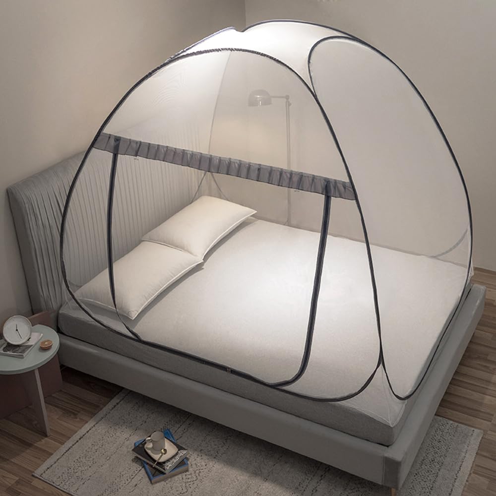 Tente moustiquaire pop-up pour lits avec fond, baldaquin de lit, moustiquaire portable et pliable pour chambre à coucher et voyage en plein air (gris, simple)