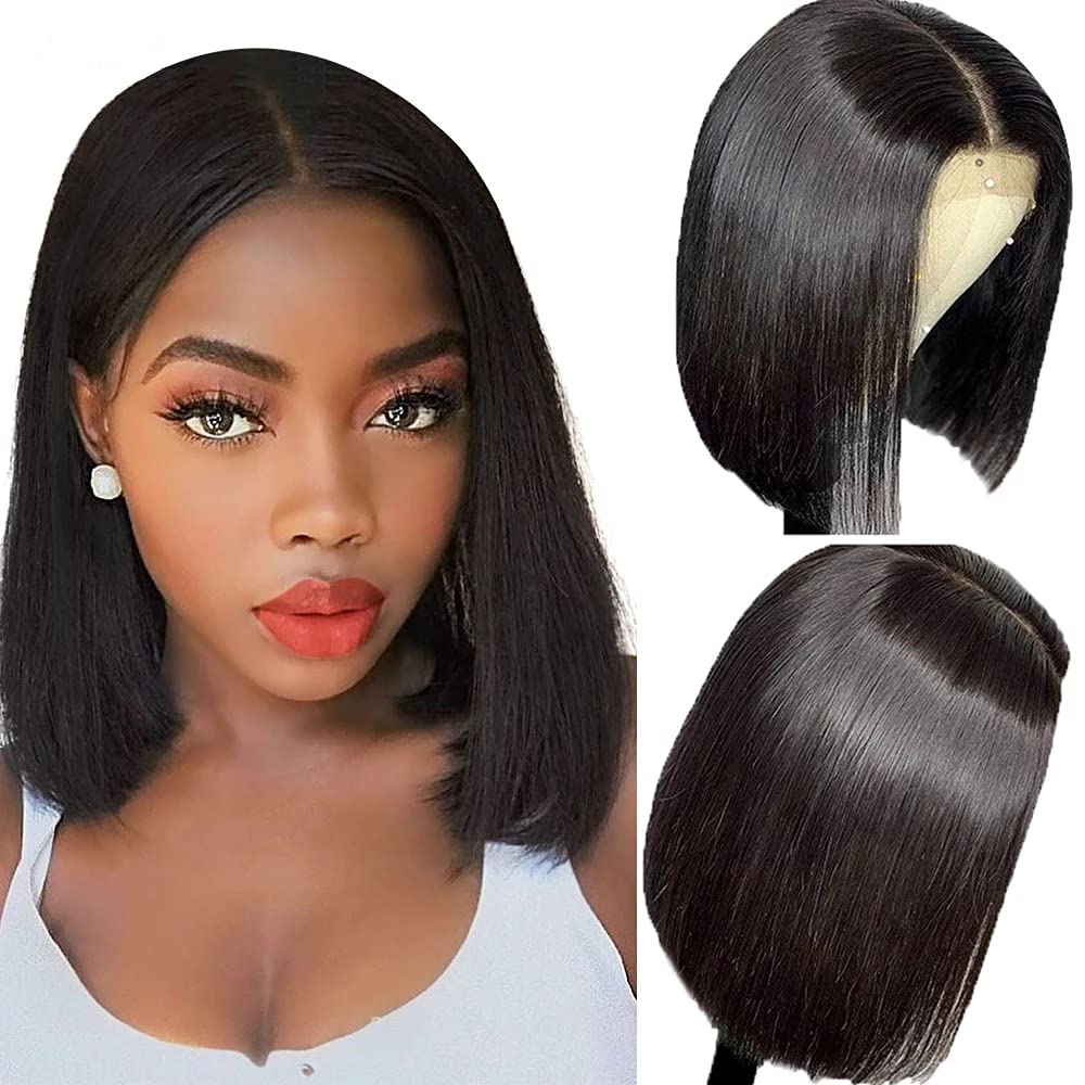 ten chopsticks WIGS 13x4 HD Transparent Straight Short Bob Lace Front Wigs Human Hair Brazilian Remy Hair Natural Color Pre Plucked Bleached Knots for Black Women 150% Density with Baby Hair