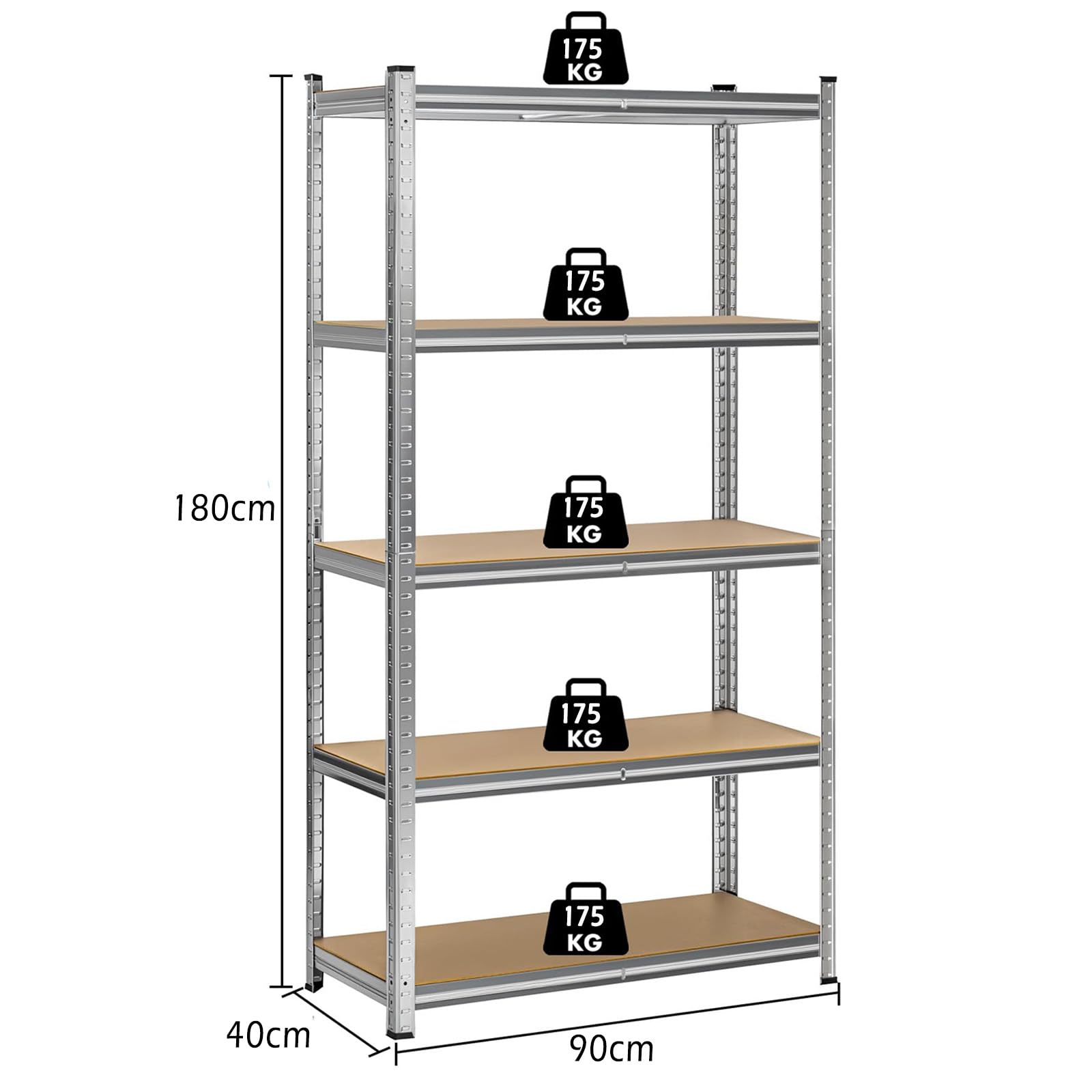 Estanterías Almacenaje Pesadas de 5 Niveles, Armazón de Acero, Carga Total de 875 kg, Dimensiones 180x90x40 cm, Montaje Rápido, Diseño Ajustable, Apt para Garaje, Almacén y Trastero - 4