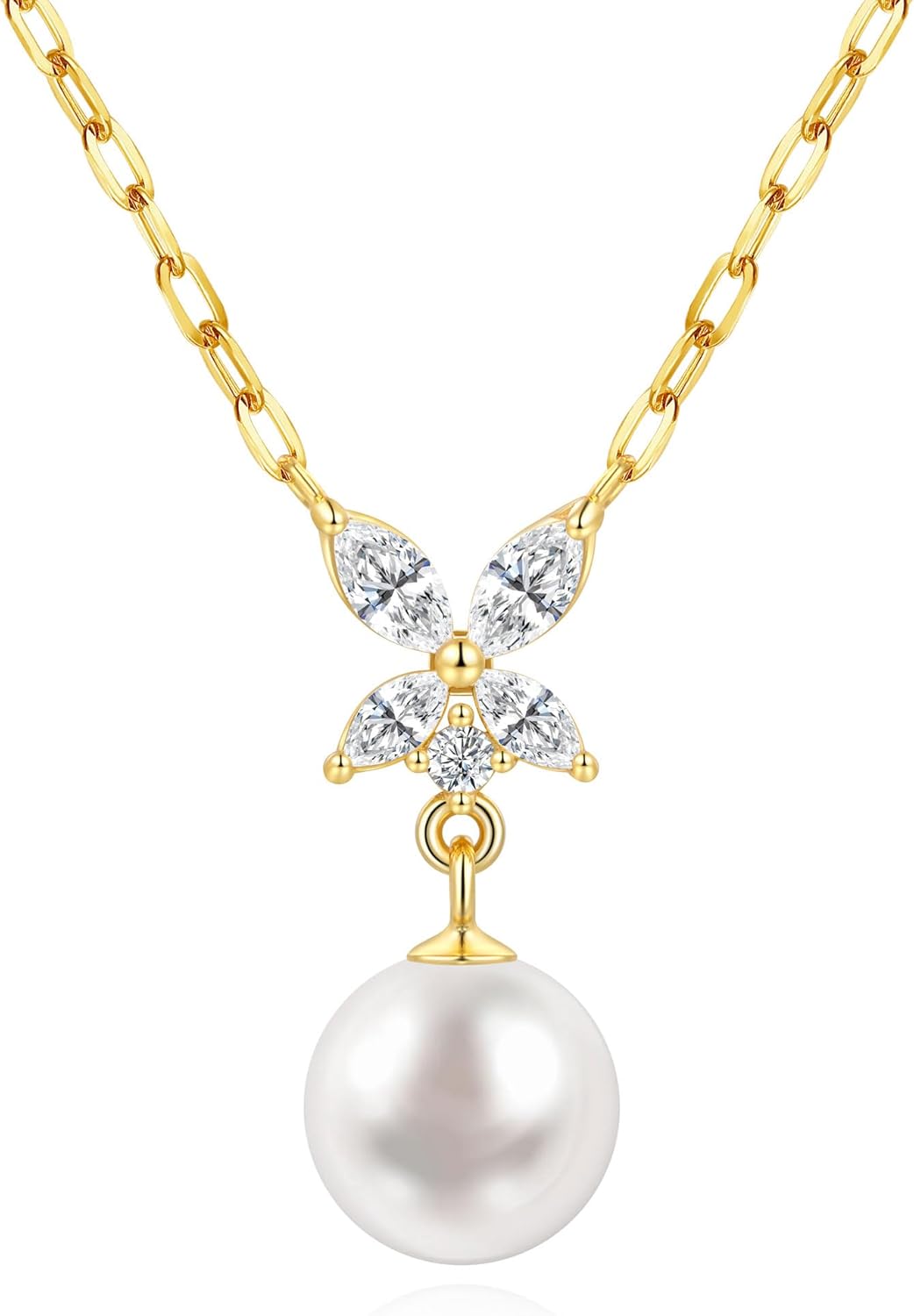 Pearl Necklace for Women with 14K Gold Plated S925 Silver & Butterfly Pendant Necklace, 17.7"+2" Chain Length, Gift for Birthday, Mothers Day, Christmas, Anniversary, Graduation