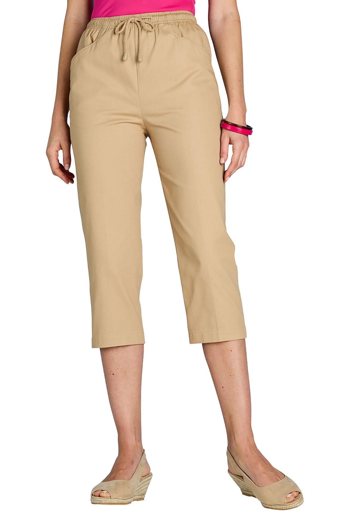 Chums Ladies Cotton Crop Trousers, Lightweight Cropped Summer Trousers with Elasticated Drawcord Waist, Breathable Cool Fit Sand 22