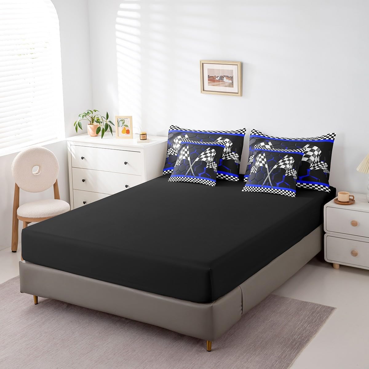 Erosebridal Racing Car Full 7 Pcs Bedding Set for Boys,Royal Blue Honeycomb Comforter Set,Geometric Neon Lights Hexagonal Sheet Set,Black and White 3D Race Car Flag Quilt Comforter Room Decor