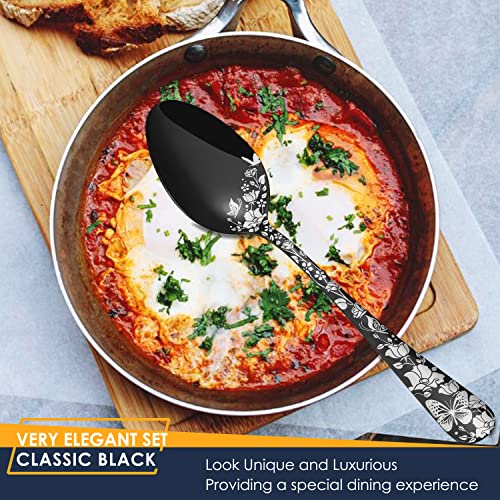 Stapava 77-Piece Black Silverware Set For 12, Plus Steak Knife & Serving Set, Stainless Steel Flatware Cutlery Set, Mirror Eating Utensils Tableware With Butterfly Flower Laser, Dishwasher Safe #TOP3