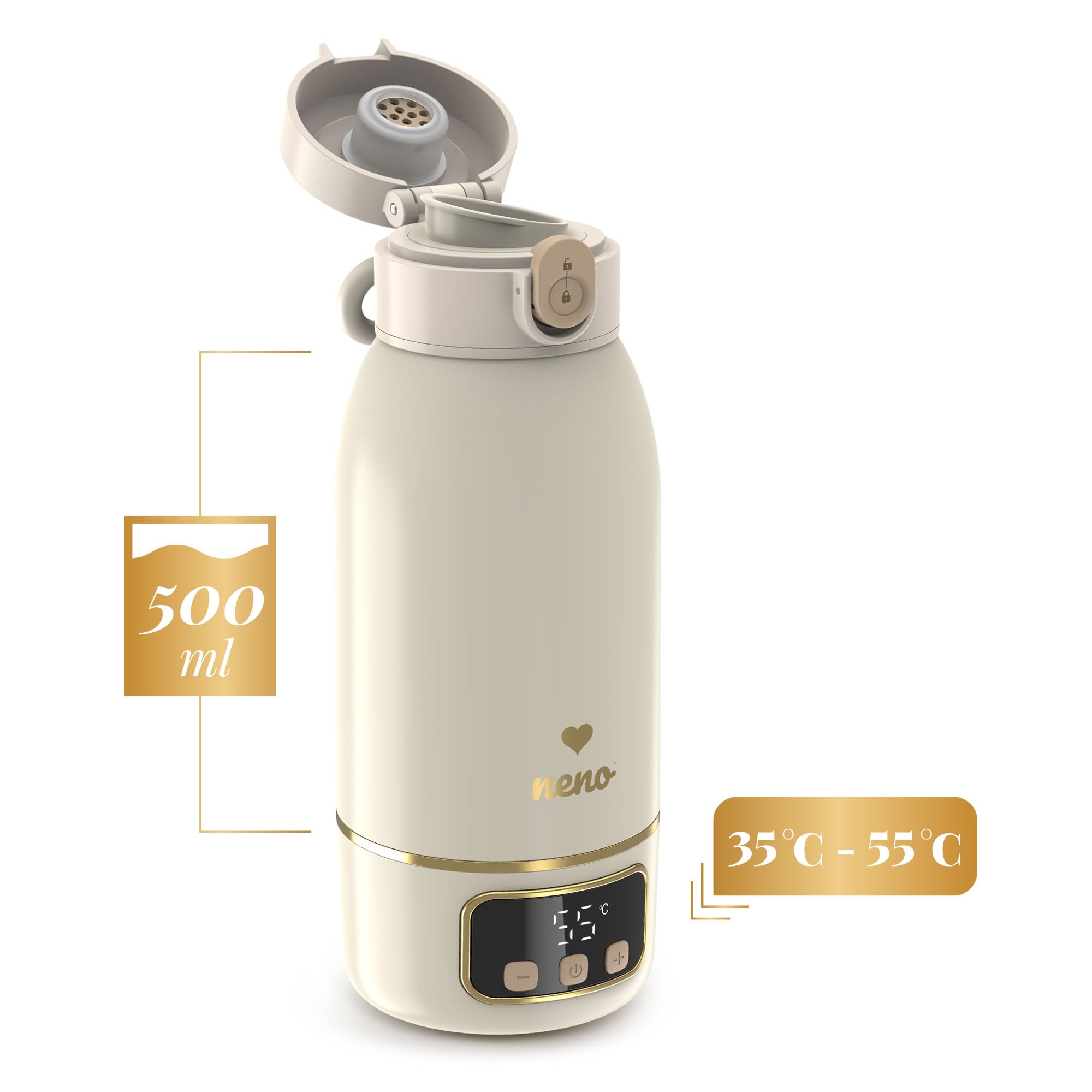 NENO Savia Flaschenwärmer Baby Unterwegs - Babyflaschen Wärmer Tragbar - Mobiler Fläschchenwärmer - 500 ml Kapazität - Erwärmung bis 55 °C - Schnelle Aufheizung und Lange Akkulaufzeit