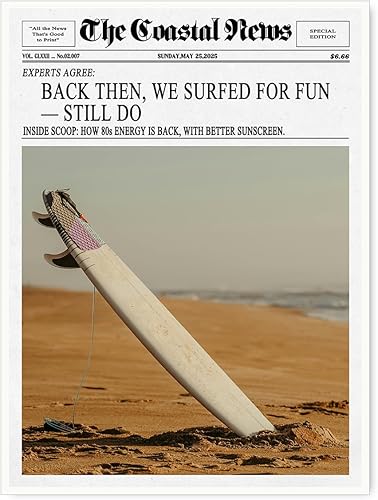 The Coastal News - Arte de pared vintage de tabla de surf en blanco y negro, pósteres impresos en lienzo retro de los años 80 inspirado en la