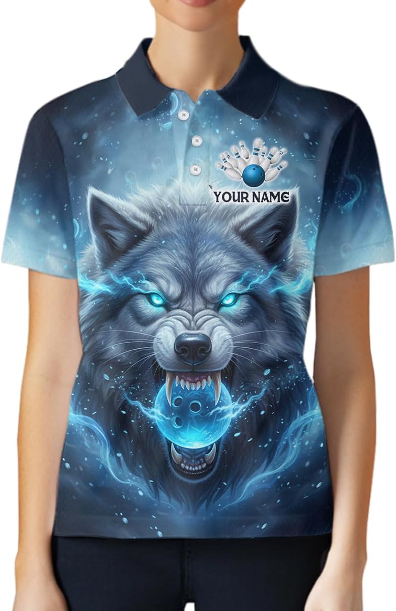 Wolf Bowling Shirts for Team Men Women Custom Blue Wolf Bowling Jersey Bowling Polo and 1/4 Zip Bowling Shirt for Couples