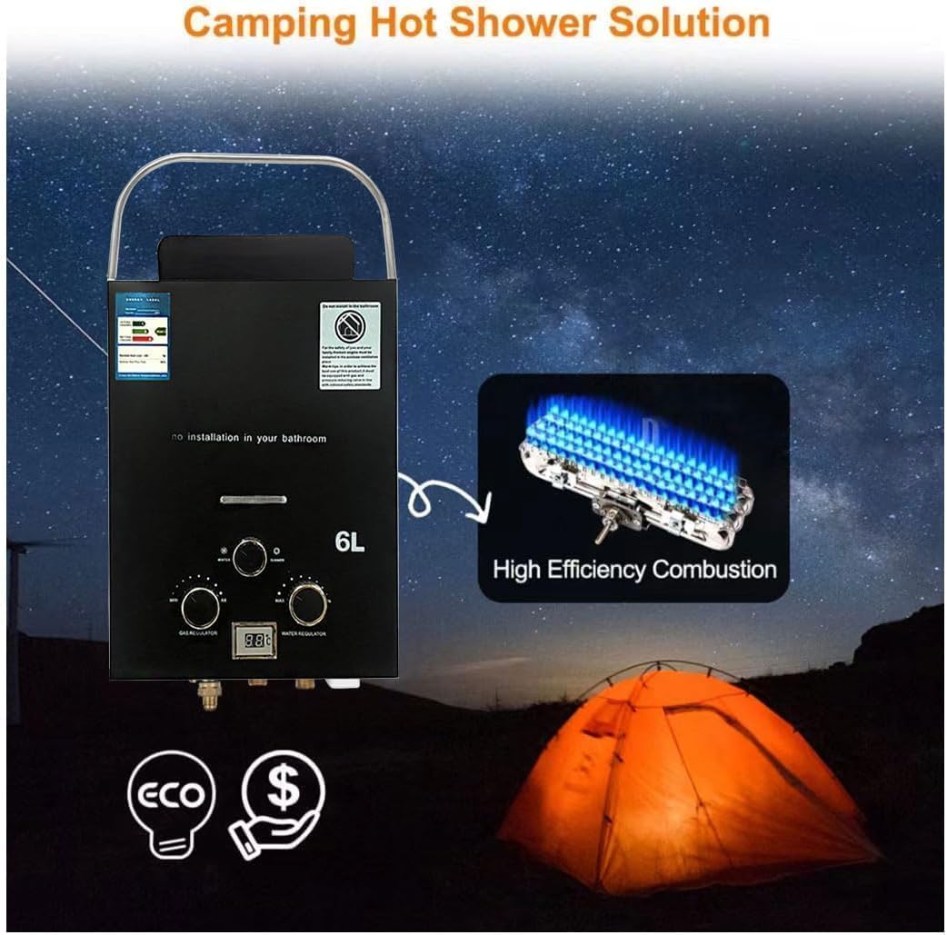 6L Chauffe Eau Gaz, 12KW Chauffe eau Instantané, Chauffe eau Camping Car, Chauffe Eau Portable pour Propane(28-30mbar)/Butane(37-50mbar), pour Camping, RV Voyage, Hiver et Été (Noir)