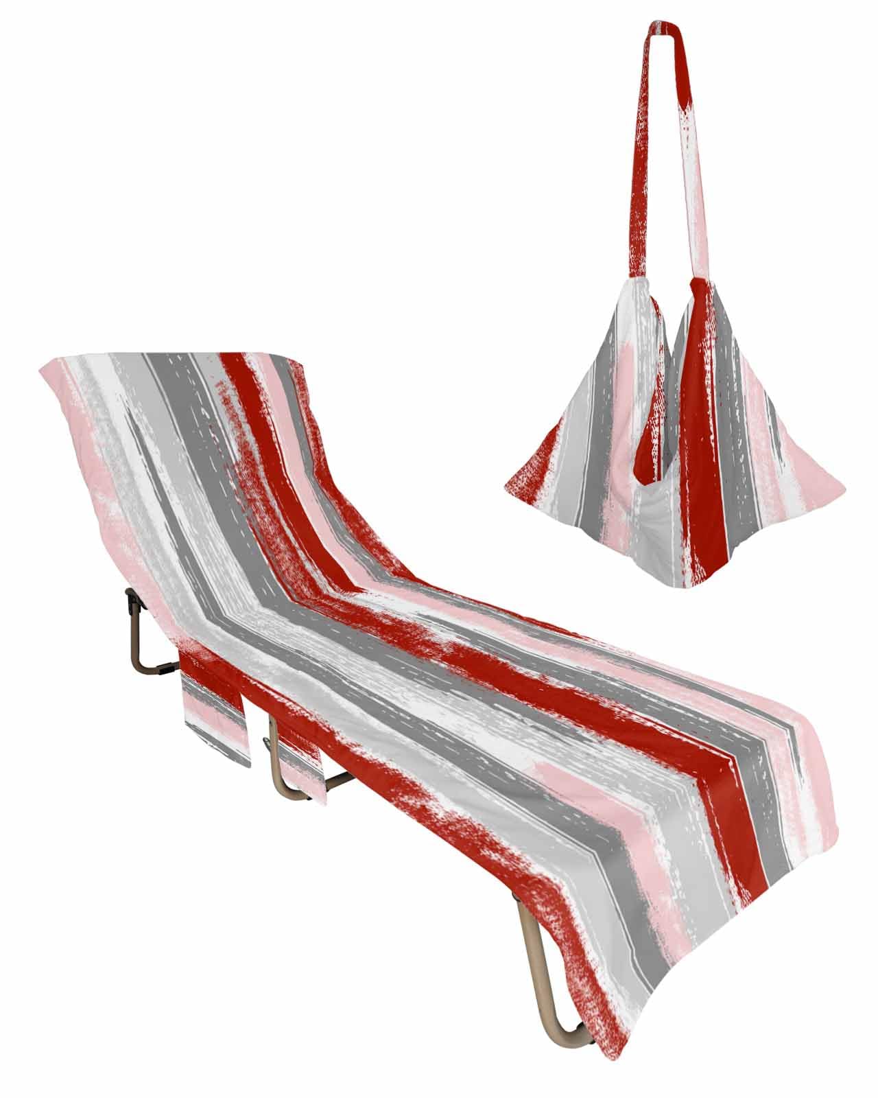 Red Pink Grey Beach Lounge Chair Towel Cover, Soft Chaise Lounge Towel with Side Pockets Patio Pool Chairs Cover for Beach/Pool Sunbathing 29x85 Modern Abstract Art Striped Geometric