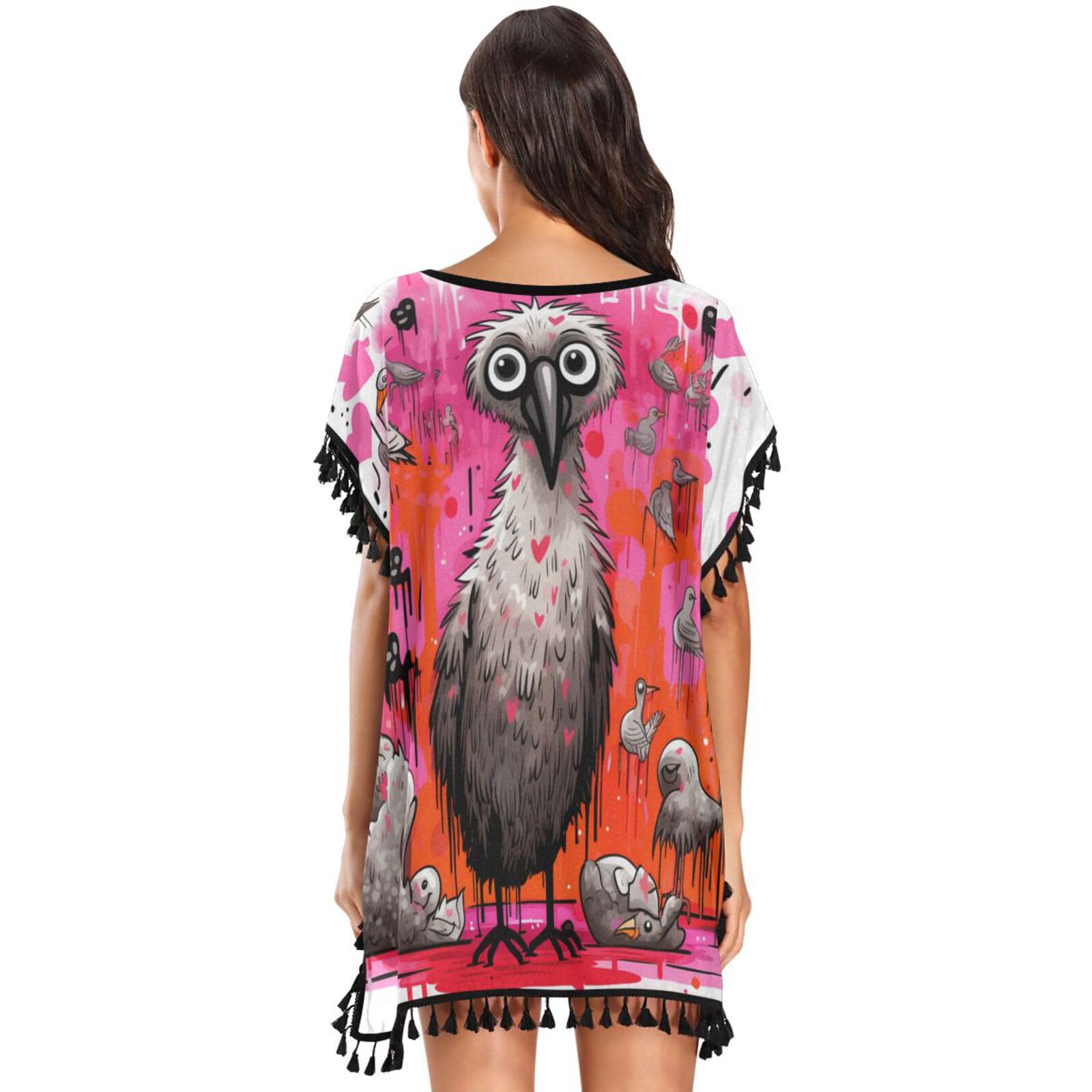 Pink Koala Ostriches Heart Women's Beach Cover Up Chiffon Tassel Swimwear Swimsuit Coverups for Girl