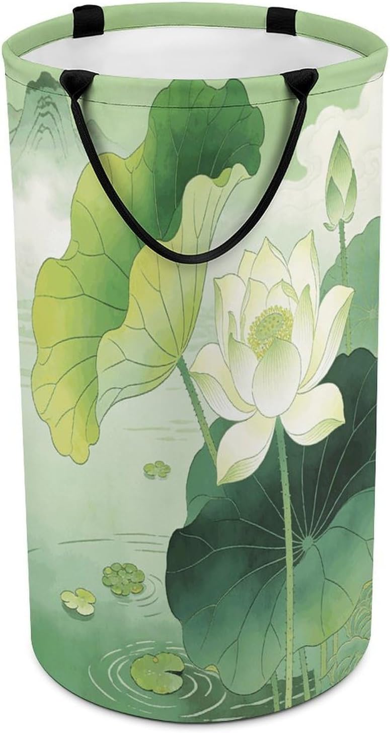 Green Lotus Pond Laundry Hamper Portable Lightweight Clothes Hampers Fashion Dirty Laundry Storage Basket Large Capacity Foldable Clothes Baskets for Bathroom Bedroom
