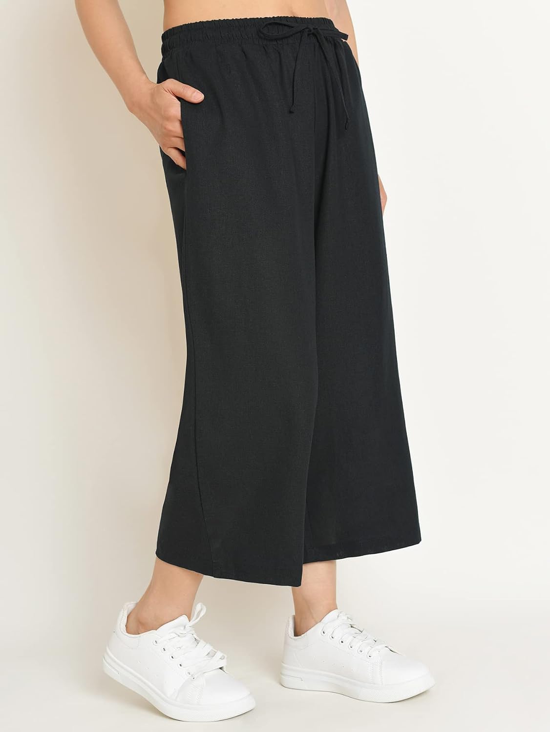 Weintee Women's Linen Capris Wide Leg Cropped Pants with Pockets