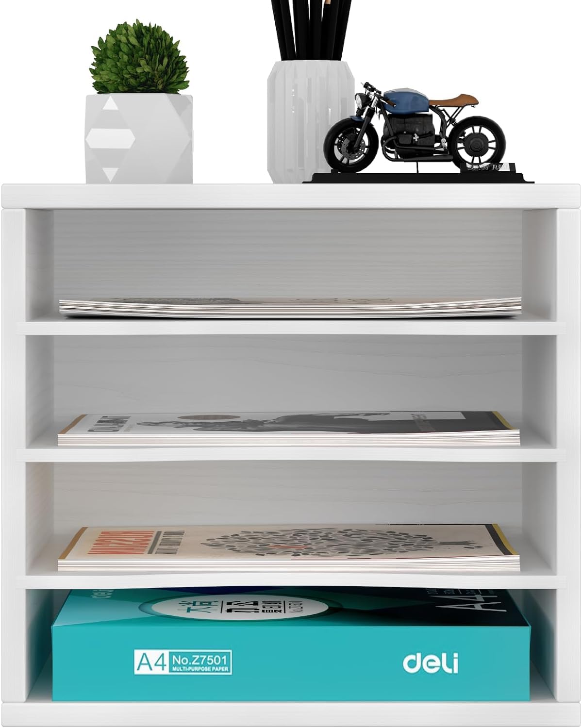 4 Fächer Aktenablage, Schreibtisch Ordner Organizer Holz, Stapelbar Dokumentenablage für Büro, A4 Aktenhalter, Multifunktionaler Briefablage für Papier, Magazin, Bürobedarf, Weiß
