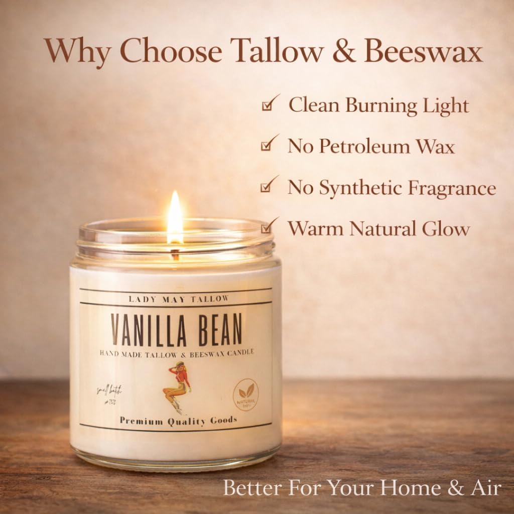 Classic Tallow & Beeswax Candle 16oz | 7 Natural Scents | Non-Toxic Clean Burning (Vanilla Bean)