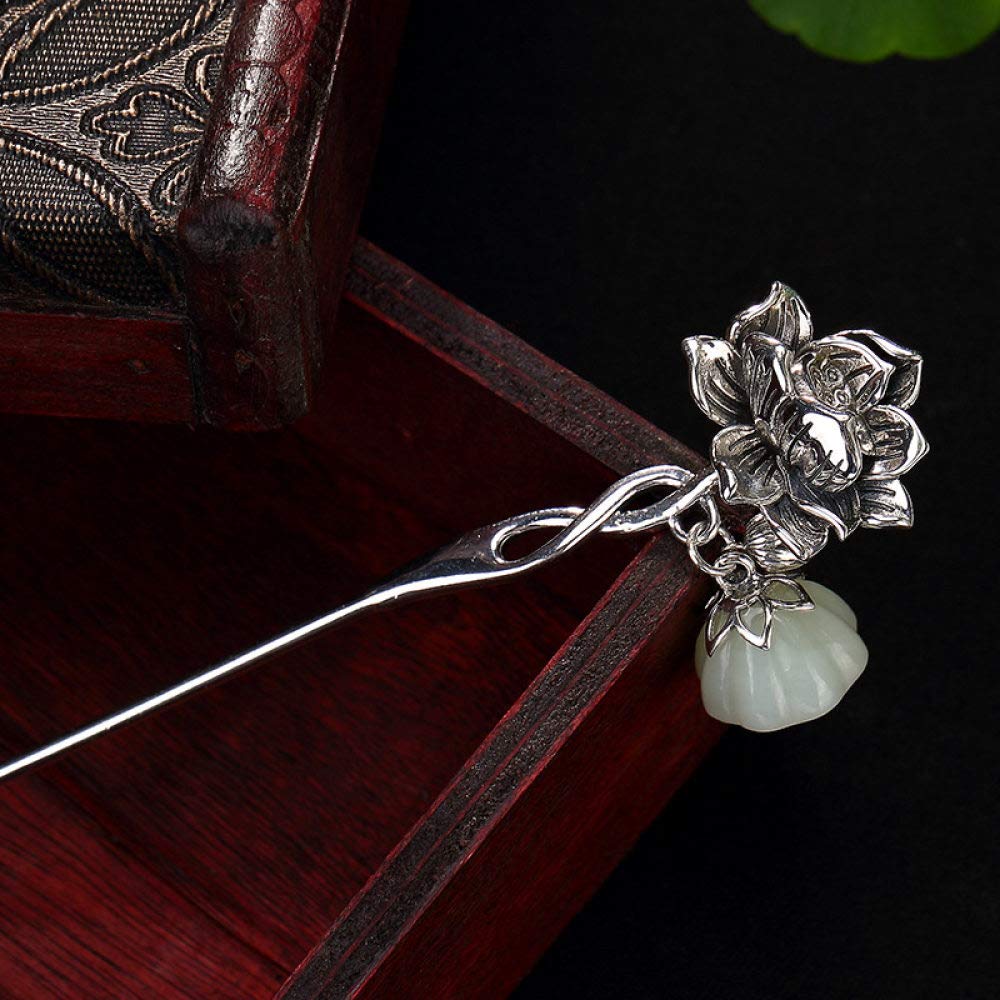 925 Sterling Silber Haarnadel Hair Stick Retro Chinesisch Weißer Jade Lotus Klassischen Weiblichen Temperament Braut Haarschmuck Deko Feste