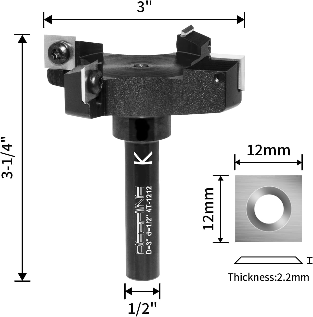 Slab Flattening Router Bit 1/2 Shank, 4-Wing, 3" Cutting Dia, Insert Carbide CNC Spoilboard Surfacing Router Bit, Wood Planer Planing Bit for Flycutter/ Slab Leveler/ Rabbeting by DEEFIINE(Black)
