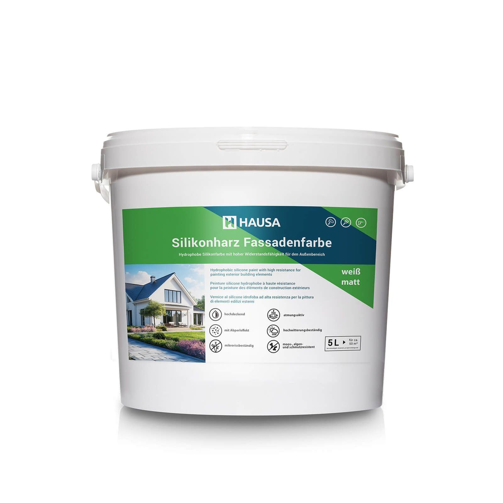 Hausa Fassadenfarbe weiß matt 5L Silikonharz Fassaden Farbe hochdeckende hydrophobe Außenfarbe mit Abperleffekt für alle Außenputze, Beton, Zement, Mauerwerk, Ziegel, witterungsbeständig atmungsaktiv