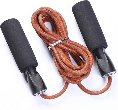 Cuerda de saltar ajustable de cuero genuino con rodamientos de velocidad y asas de esponja, cuerda de saltar de alambre de acero de PVC para pérdida