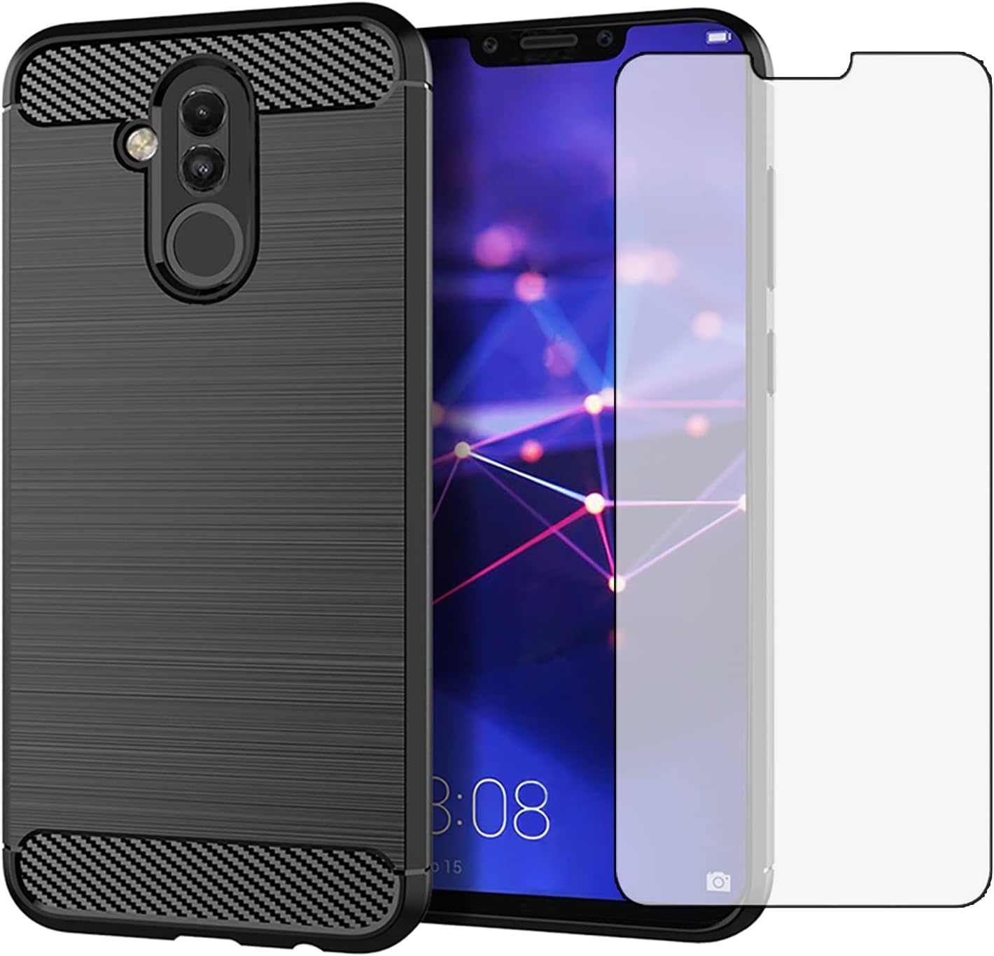 Phone Case for Huawei Mate 20 Lite and Tempered Glass Screen Protector Film Cover with Mobile Bumper Accessories Slim Thin Shockproof Soft Silicone Rubber TPU Huwai Hwauei Hawaii Girls Men Black