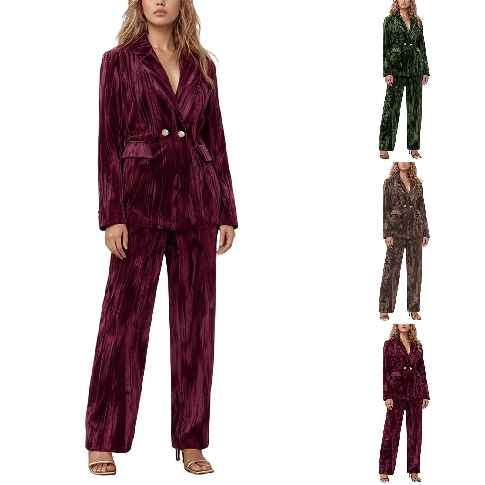 Womens Suits 2 Piece Set Business Stretch Velvet Pant Suits for Women Casual Business Office Vintage Trouser-Suit