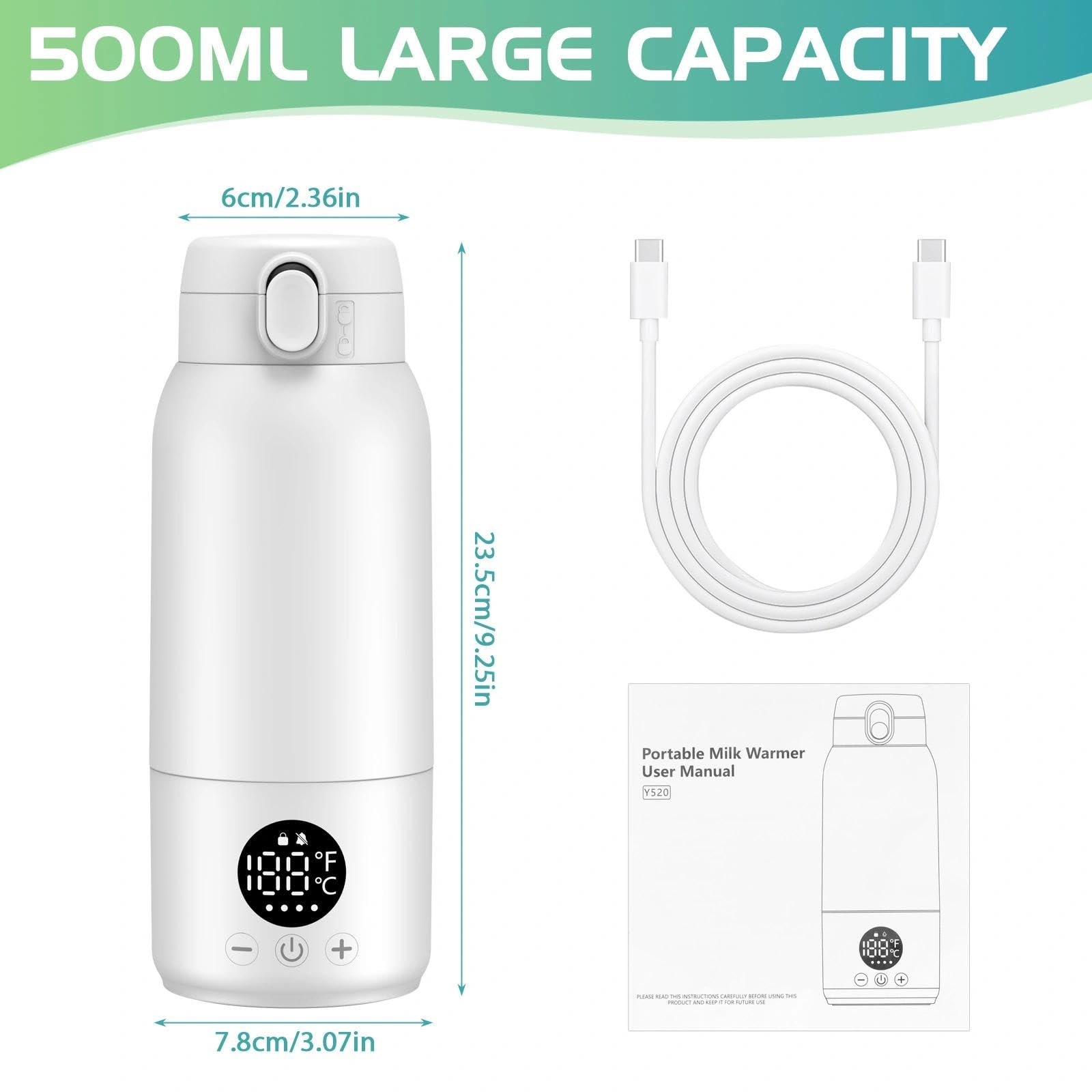 Scaldabiberon Portatile, 500ml Scalda Biberon Neonato, Riscaldamento Rapido e Lunga Durata della Batteria, Temperatura Regolabile 35 ℃-70 ℃, Scaldalatte per Neonati Ideale per Viaggi(Bianco)